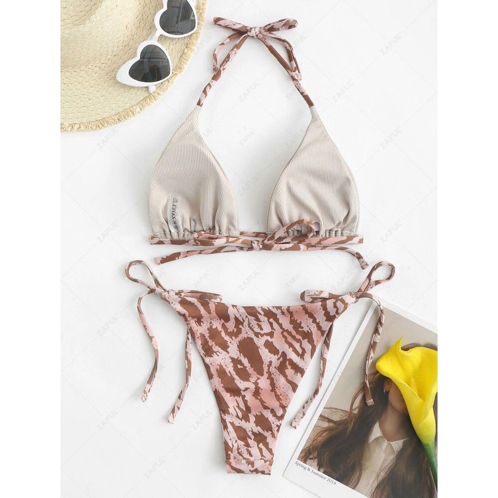 Ribbed Animal Print Cheeky High Cut String Bikini Swimwear Small